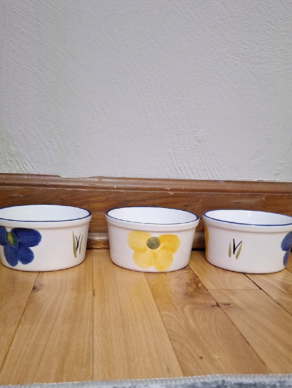 Set of 3 Floral Ceramic Ramekins - Yellow & Blue Flowers